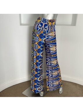 Multi-Print Wide-Leg Blue Paisley Fold Over Palazzo Pants